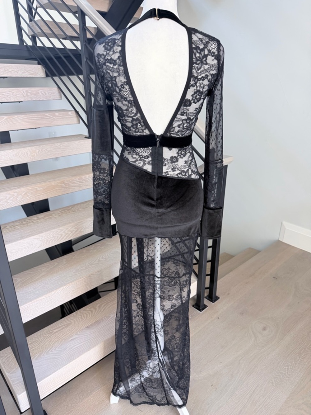 Sheer Panel Black Evening Maxi Dress with Deep V and Open back size XS - Picture 10 of 15